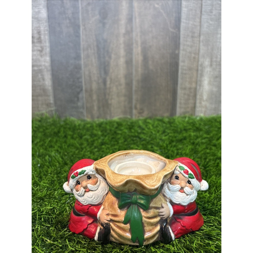 Vintage Double Santa Ceramic Candle‎ Holder Christmas Holiday Decor Signed